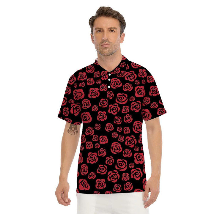 Red Rose Floral Doodle Men's Polo Shirts Gift For Men