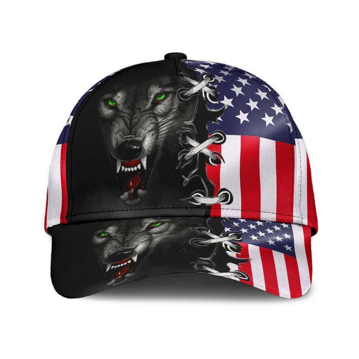 Wolf Growling And US Flag Knitting Design Classic Baseball Cap