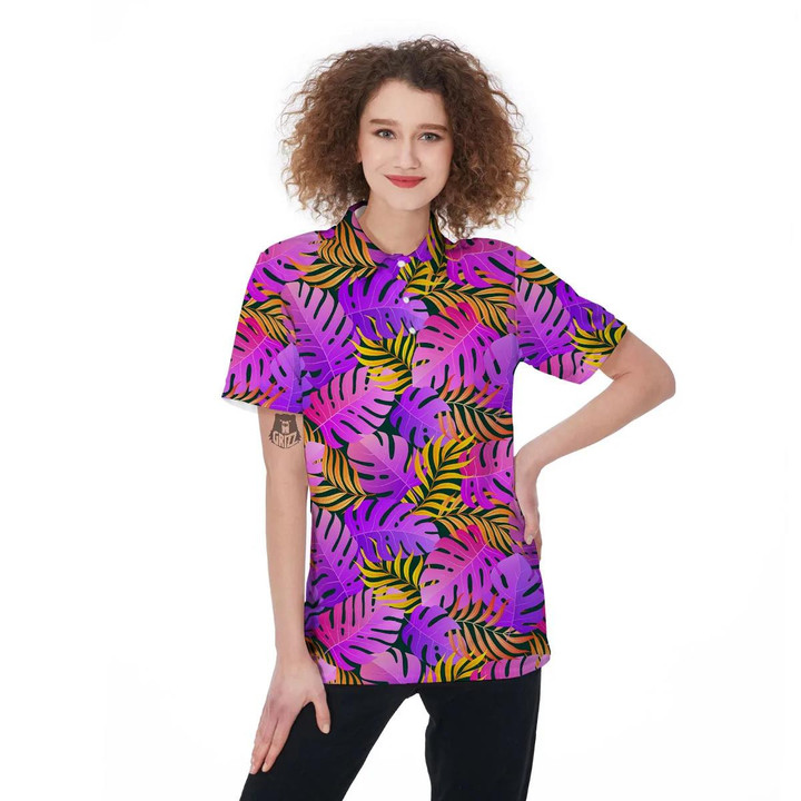 Purple And Yellow Neon Palm Leaf Printed Pattern Women Polo Shirt