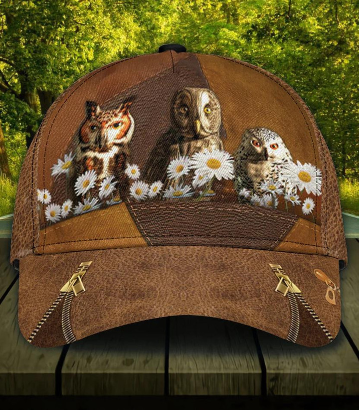 Owl Mini White Flowers Leather Design Classic Baseball Cap