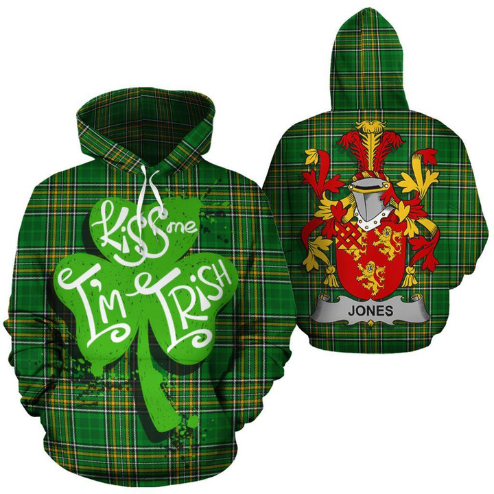 Jones Family Crest National Tartan Kiss Me Im Irish Green Printed Pullover 3D Hoodie