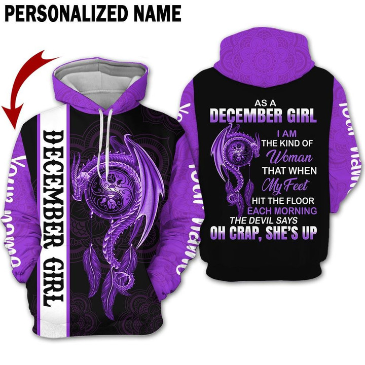 Personalized Name December Girl Dragon Purple Mandala 3D Printed Hoodie