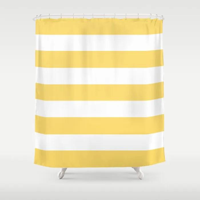 Solid Color Yellow And  White Stripes Pattern Shower Curtain Bathroom Decor