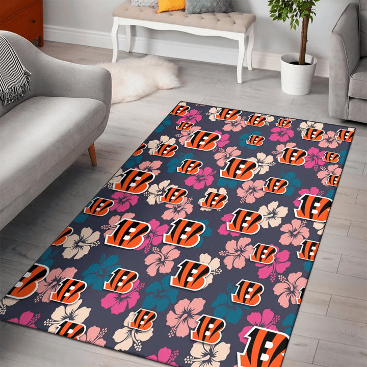 CIN Colorful Hibiscus Black Background Printed Area Rug
