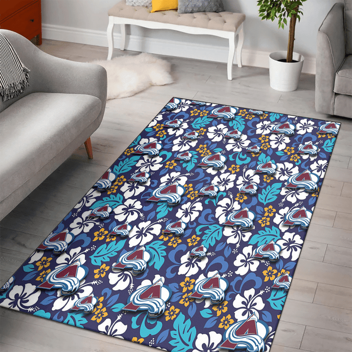 COL White Hibiscus Ceramic Style Navy Background Printed Area Rug