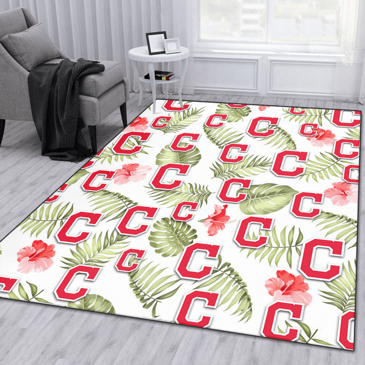 Cleveland Indians Light Salmon Hibiscus Green Leaf White Background Printed Area Rug