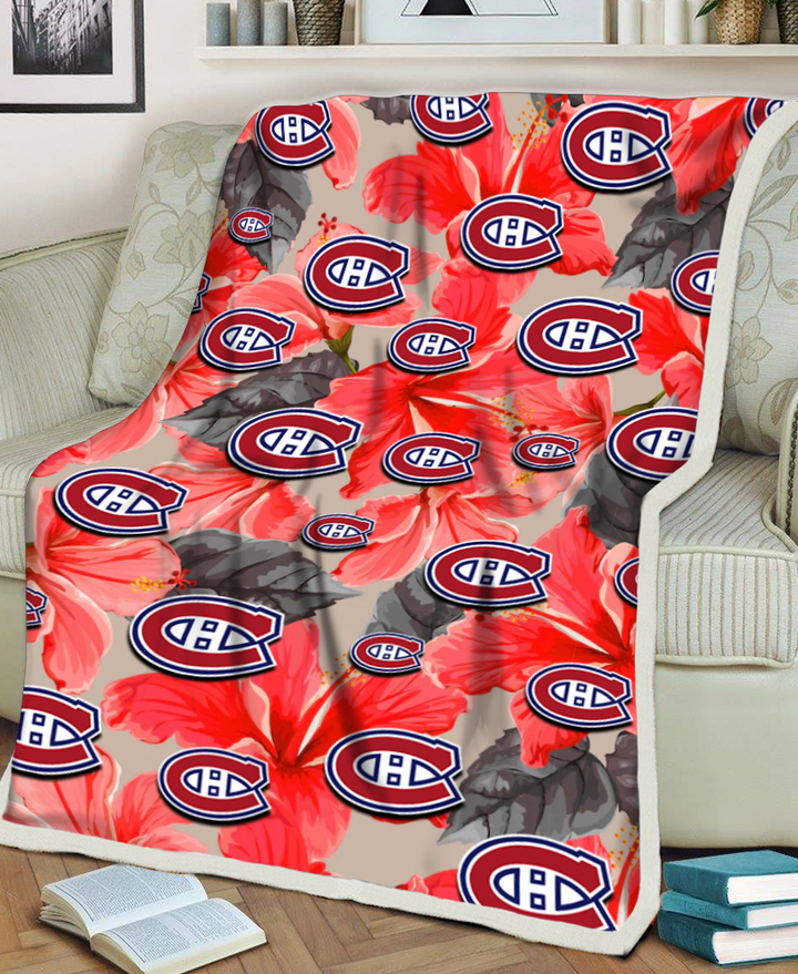 Montreal Canadiens Red Hibiscus Gray Leaf Gainsboro Background 3D Fleece Sherpa Blanket