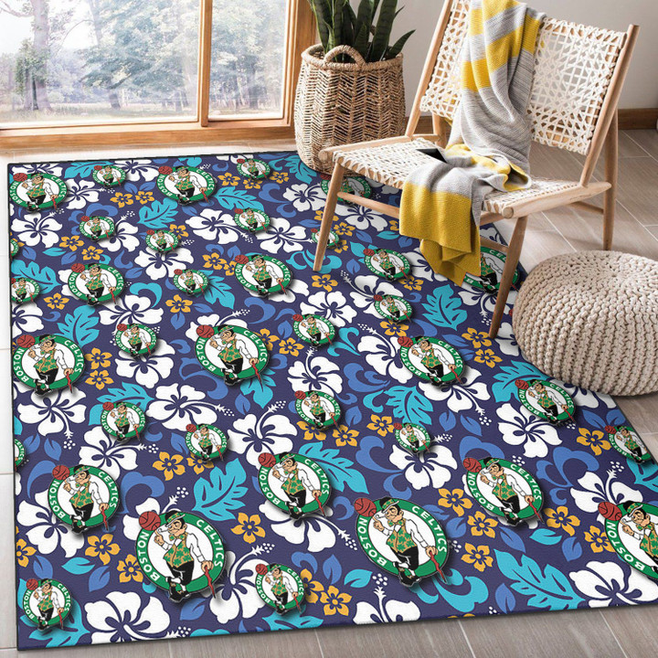 BOS White Hibiscus Ceramic Style Navy Background Printed Area Rug