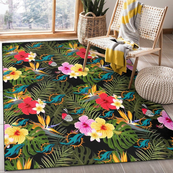 MIA Colorful Hibiscus Green Leaf Back Background Printed Area Rug