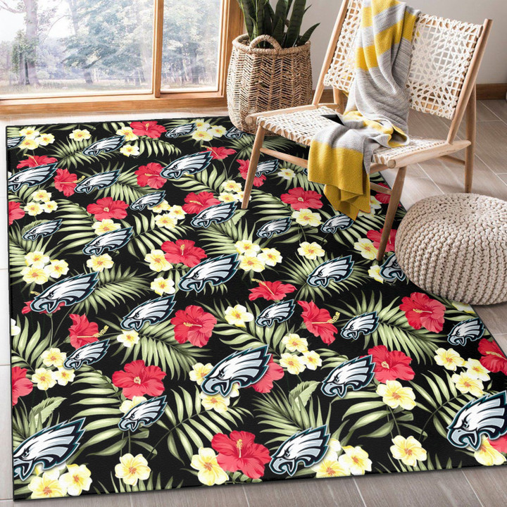 PHI Red Hibiscus Yellow Porcelain Flower Black Background Printed Area Rug