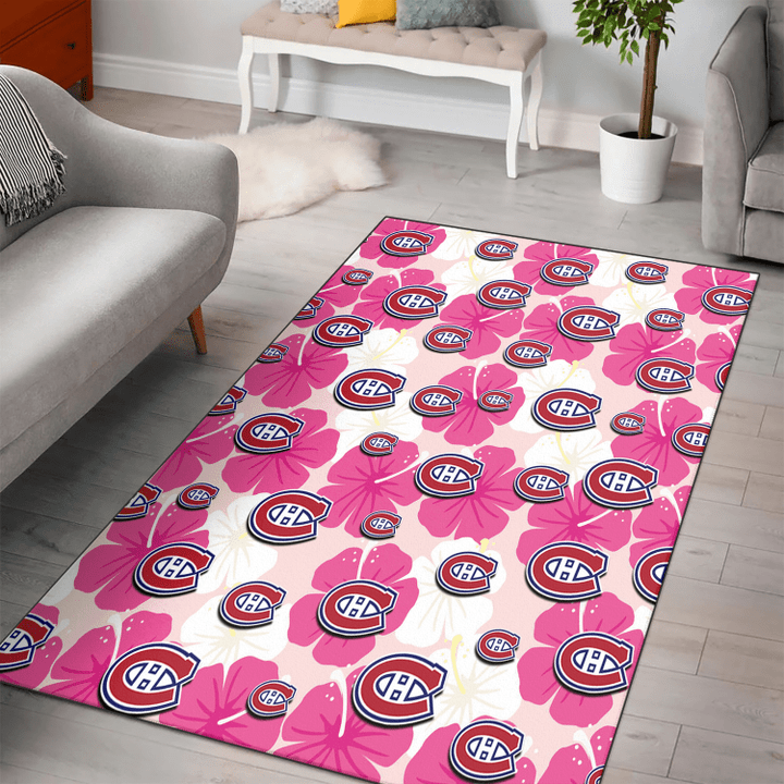 Montreal Canadiens Pink White Hibiscus Misty Rose Background Printed Area Rug