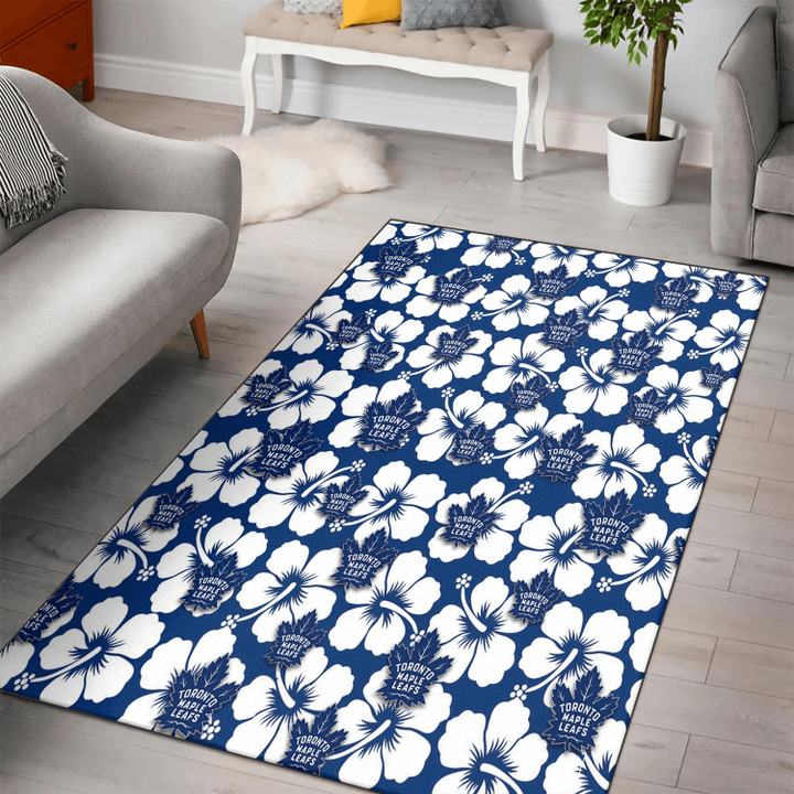 TOR Modern White Hibiscus Navy Background Printed Area Rug