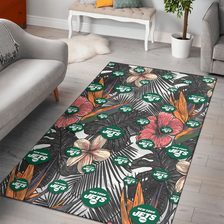 NYJ Pink Sketch Hibiscus Gray Palm Leaf White Background Printed Area Rug