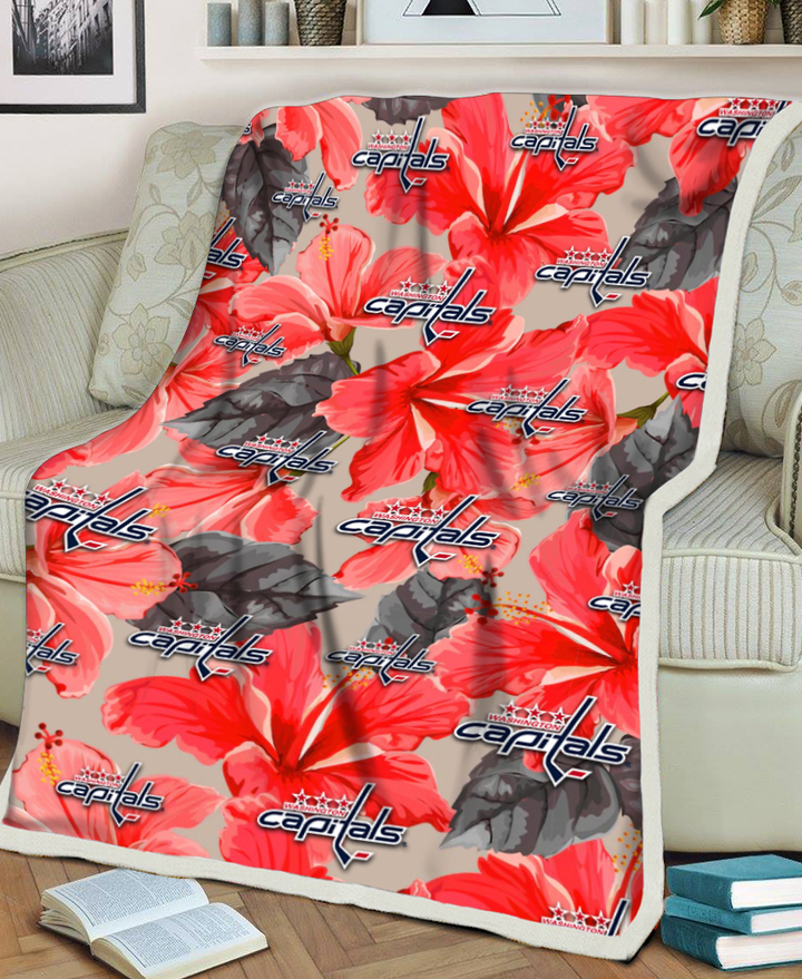 WSH Red Hibiscus Gray Leaf Beige Background 3D Fleece Sherpa Blanket