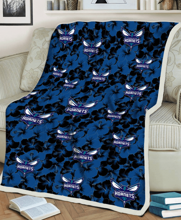 CHA Black Dark Blue Hibiscus Black Background 3D Fleece Sherpa Blanket