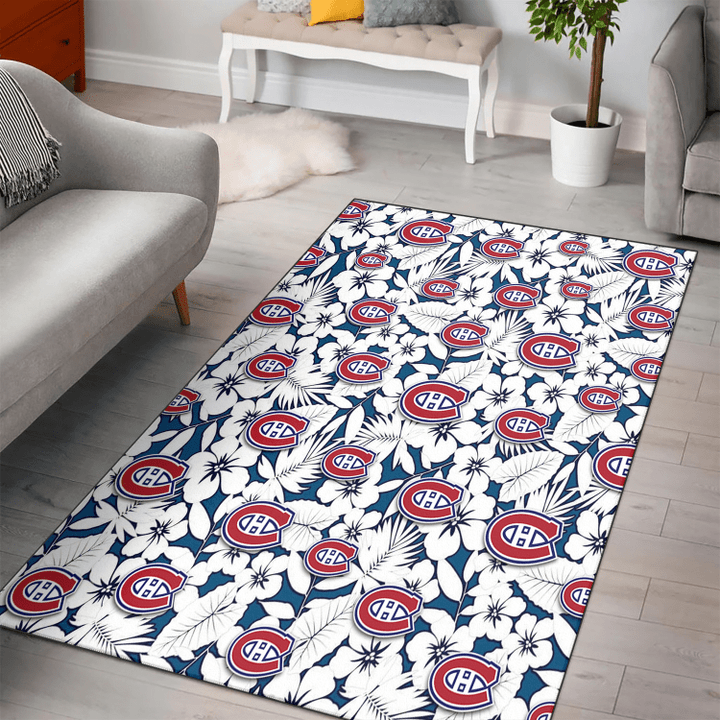 Montreal Canadiens White Hibiscus And Leaves Blue Background Printed Area Rug