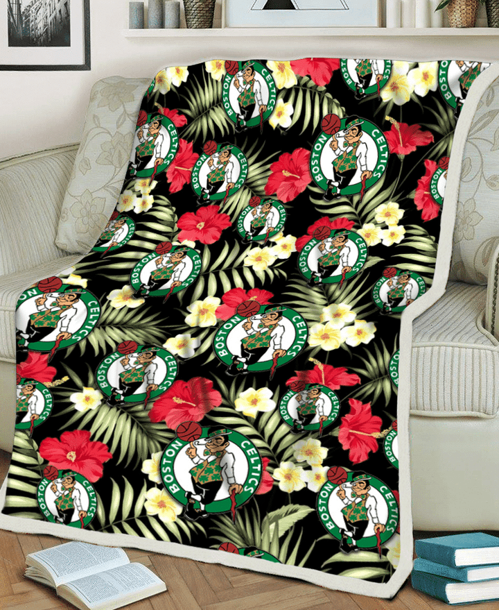 BOS Red Hibiscus Yellow Porcelain Flower Black Background 3D Fleece Sherpa Blanket
