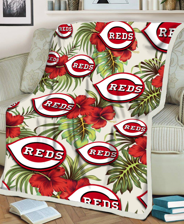 CIN Red Hibiscus Green Tropical Leaf Cream Background 3D Fleece Sherpa Blanket