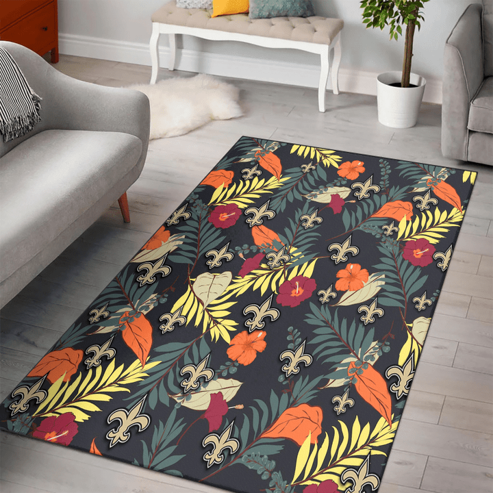 NO Red And Orange Hibiscus Black Background Printed Area Rug