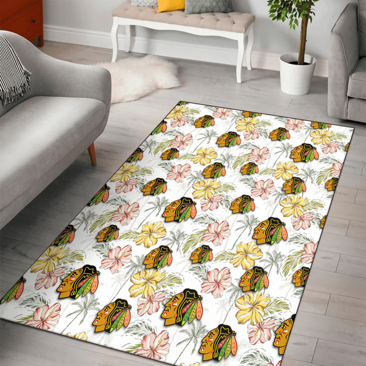 CHI Black Hawks Sketch Red Yellow Coconut Tree White Background Printed Area Rug
