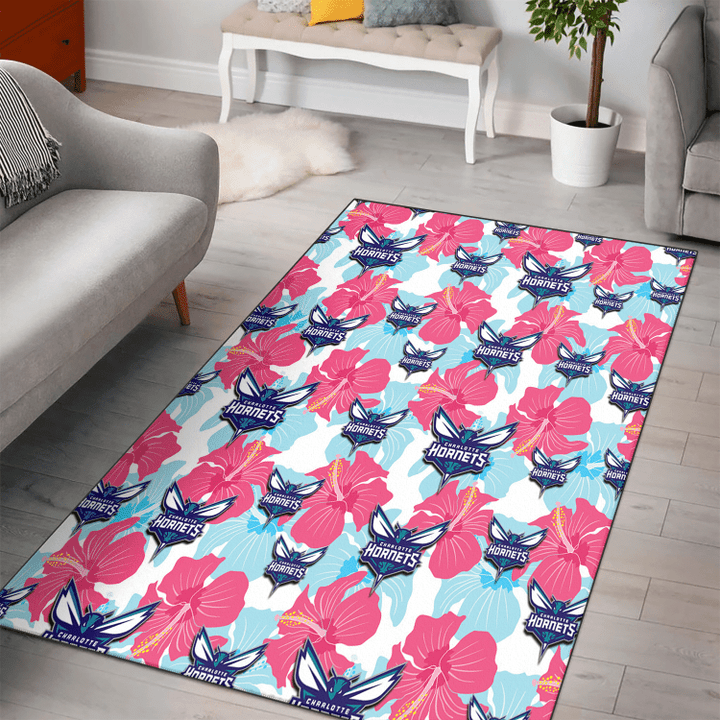CHA Pink Blue Hibiscus White Background Printed Area Rug
