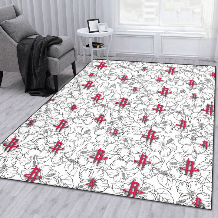 HOU White Sketch Hibiscus Pattern White Background Printed Area Rug