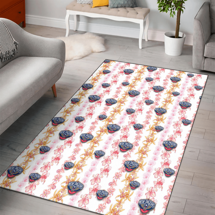 New Orlean Pelicans Pink Hibiscus Yellow Pink Orchid White Background Printed Area Rug