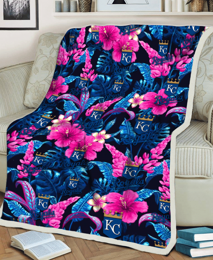Kansas City Royals Violet Red Hibiscus Blue Leaf Black Background 3D Fleece Sherpa Blanket