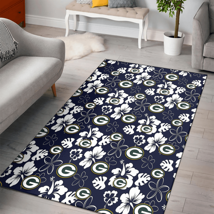 GB White Hibiscus Sketch Porcelain Flower Navy Background Printed Area Rug