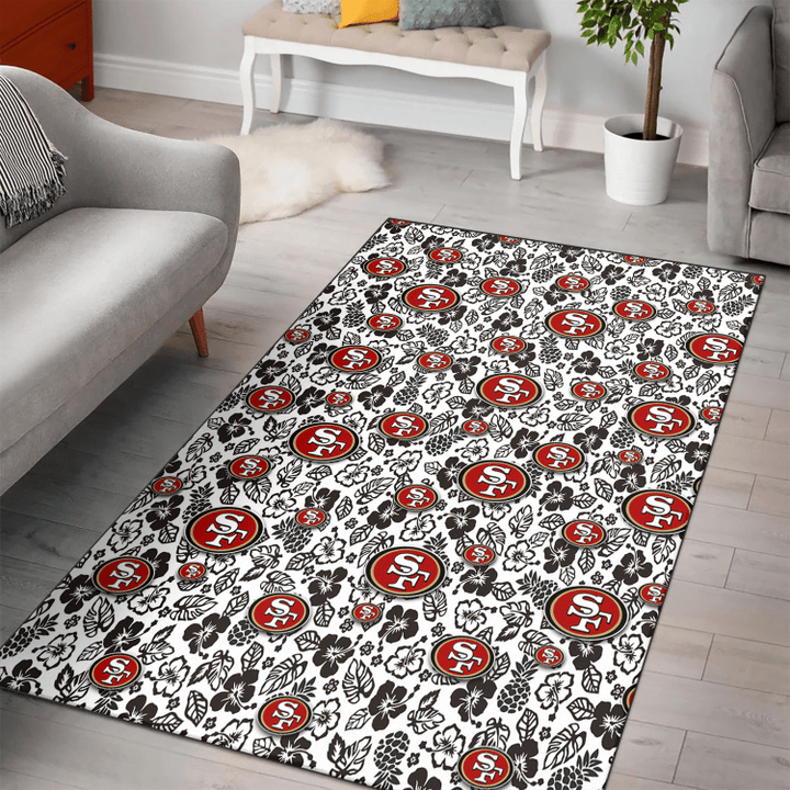 SF Black And White Hibiscus Leaf White Background Printed Area Rug
