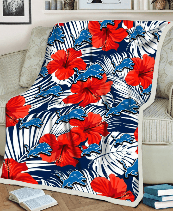 DET White Tropical Leaf Red Hibiscus Navy Background 3D Fleece Sherpa Blanket