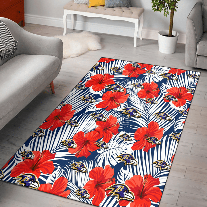 BAL White Tropical Leaf Red Hibiscus Navy Background Printed Area Rug