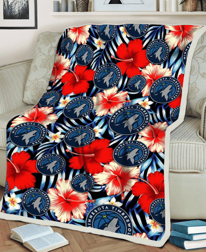 MIN Coral Red Hibiscus Blue Palm Leaf Black Background 3D Fleece Sherpa Blanket