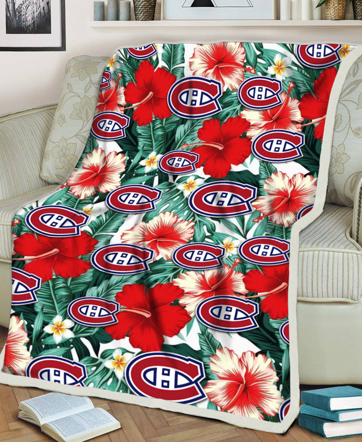 Montreal Canadiens Red Coral Hibiscus White Porcelain Flower Banana Leaf 3D Fleece Sherpa Blanket