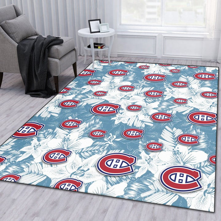 Montreal Canadiens White Hibiscus Orchid Light Blue Background Printed Area Rug