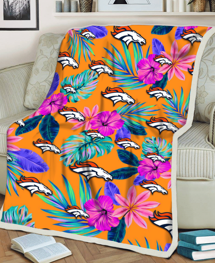 DEN Purple Hibiscus Neon Leaf Orange Background 3D Fleece Sherpa Blanket