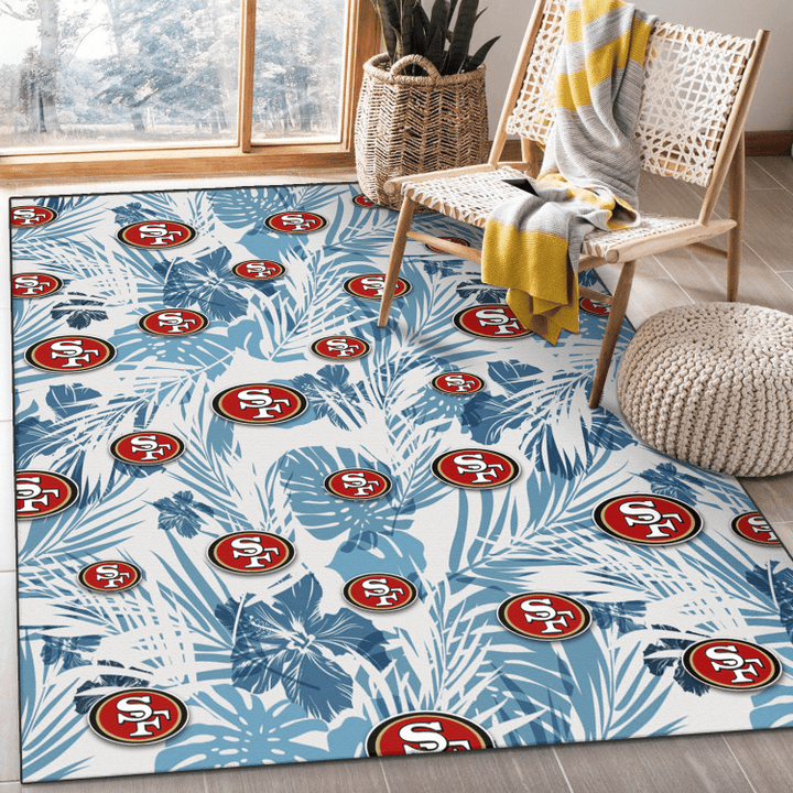 SF Hibiscus Balm Leaves Blue And White Background Printed Area Rug
