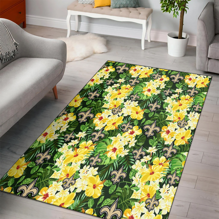 NO Yellow Hibiscus Tropical Green Leaf Black Background Printed Area Rug
