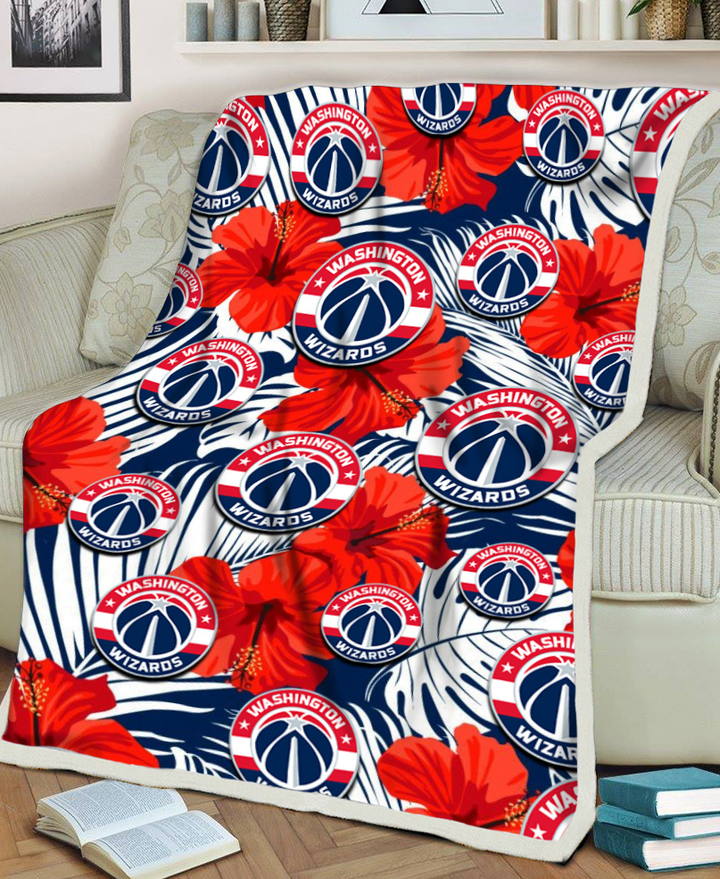 WAS White Tropical Leaf Red Hibiscus Navy Background 3D Fleece Sherpa Blanket