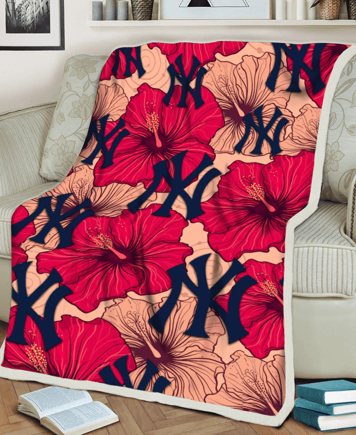 NYY Red Beige Hibiscus Beige Background 3D Fleece Sherpa Blanket