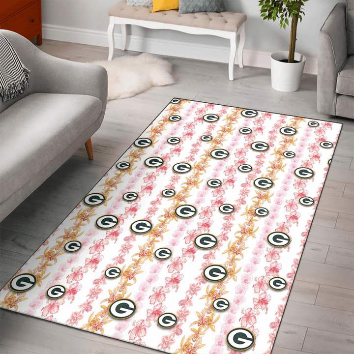 GB Pink Hibiscus Yellow Pink Orchid White Background Printed Area Rug