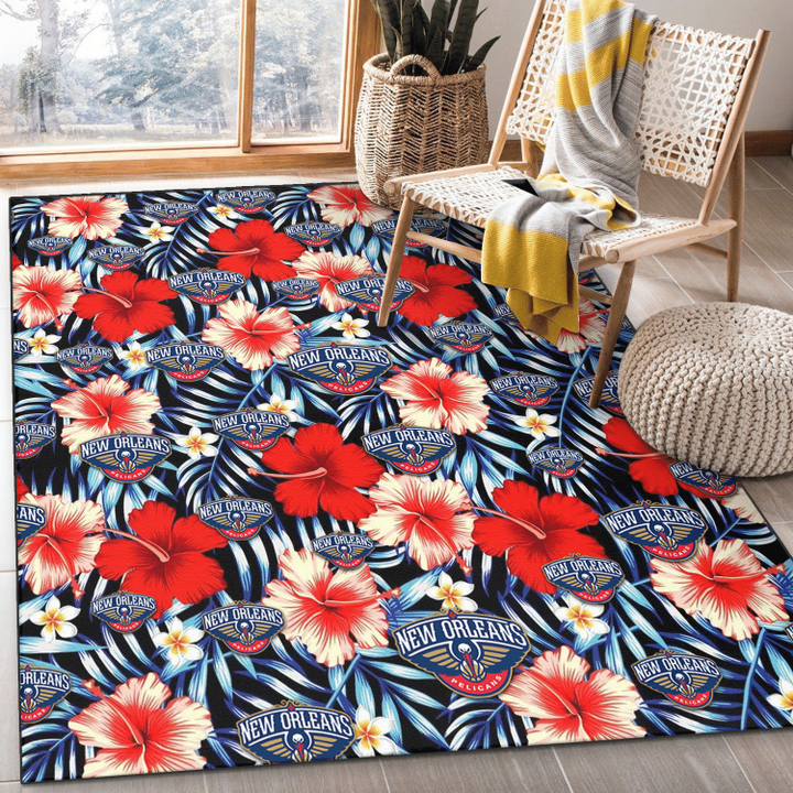 New Orlean Pelicans Coral Red Hibiscus Blue Palm Leaf Black Background Printed Area Rug