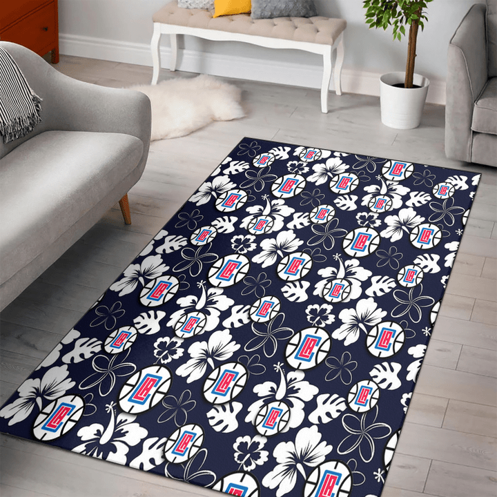 LAC White Hibiscus Sketch Porcelain Flower Navy Background Printed Area Rug
