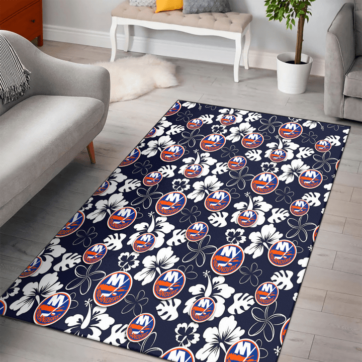 NYI White Hibiscus Sketch Porcelain Flower Navy Background Printed Area Rug
