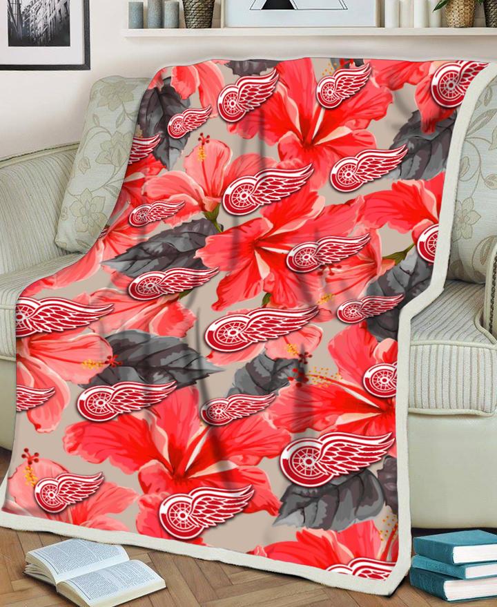 DET Red Hibiscus Gray Leaf Beige Background 3D Fleece Sherpa Blanket