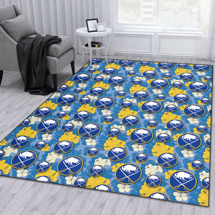 BUF Yellow White Hibiscus Powder Blue Background Printed Area Rug