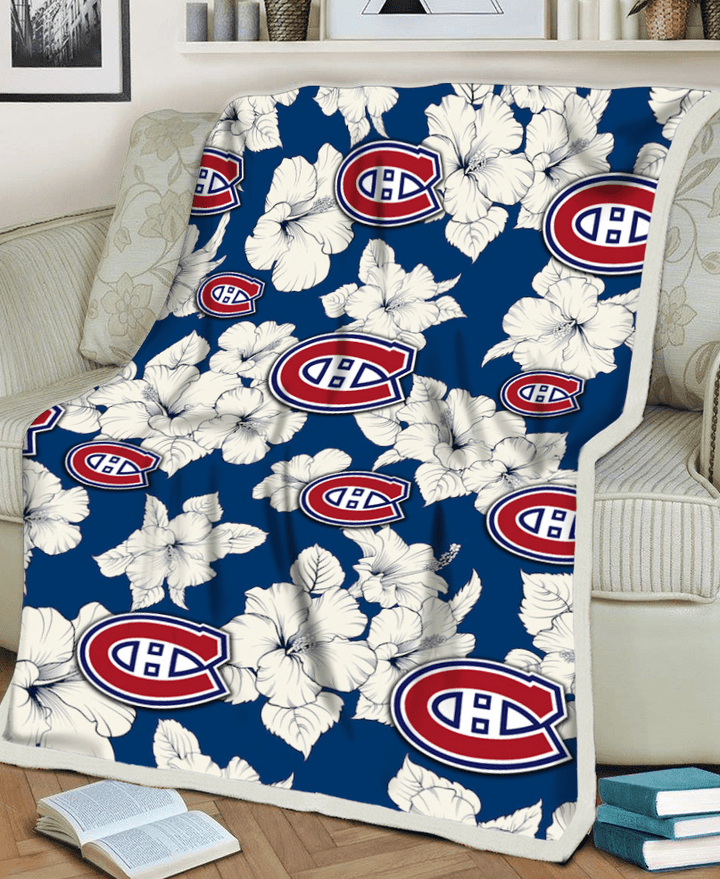 Montreal Canadiens White Big Hibiscus Blue Background 3D Fleece Sherpa Blanket