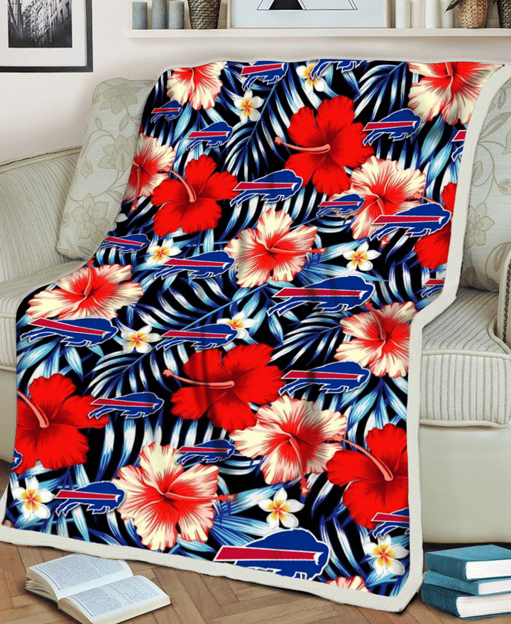 BUF Coral Red Hibiscus Blue Palm Leaf Black Background 3D Fleece Sherpa Blanket