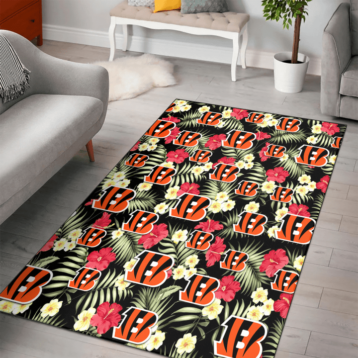 CIN Red Hibiscus Yellow Porcelain Flower Black Background Printed Area Rug