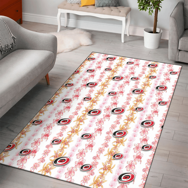 Carolina Hurricanes Pink Hibiscus Yellow Pink Orchid White Background Printed Area Rug